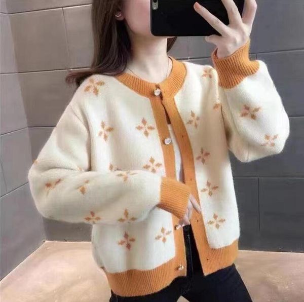 

designer knitted print women's v-neck sweater cardigan autumn loose single breasted color matching sweaters, White;black