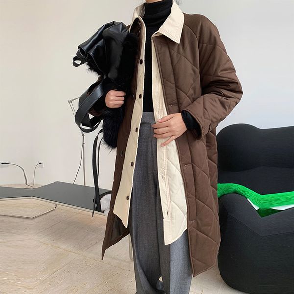 

women's down parkas crriflz winter women coat fashion retro stitching contrast color lapel long cotton padded jacket loose thin warm pa, Black