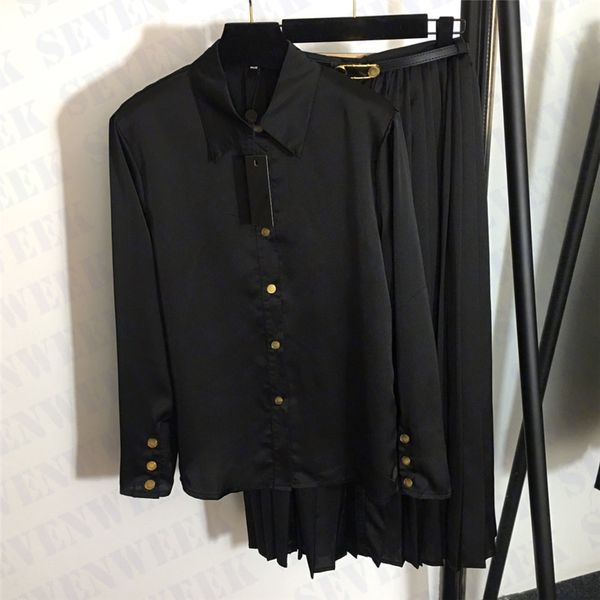 

designer womens shirts pleated dress two piece sets with belt design gold buckle long sleeve cardigan long skirts for female, Black;gray
