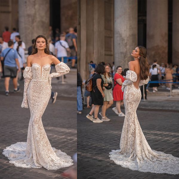 

berta mermaid wedding dress illusion flower appliques sweetheart bridal gowns sweep train romantic dresses robe de mariee, White