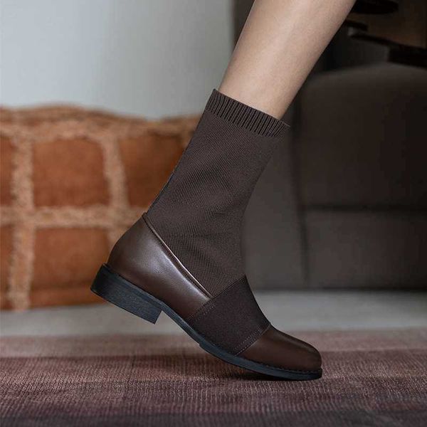 

cowhide thick heel elastic boots women's short boots 2022 autumn and winter new thin boots round head middle tube flat bottom socks, Black
