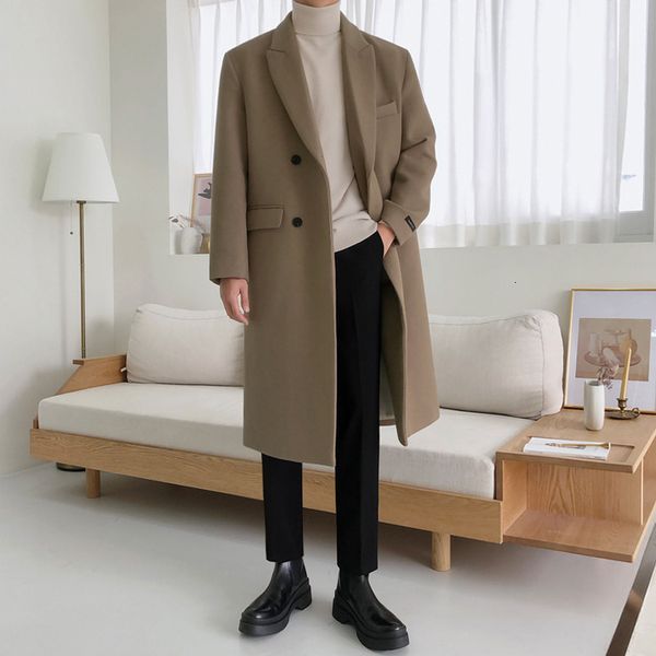 

men's wool blends korean trend men's long sleeve woolen long coat loose casual doublebreasted overcoat autumn winter fashion male, Black