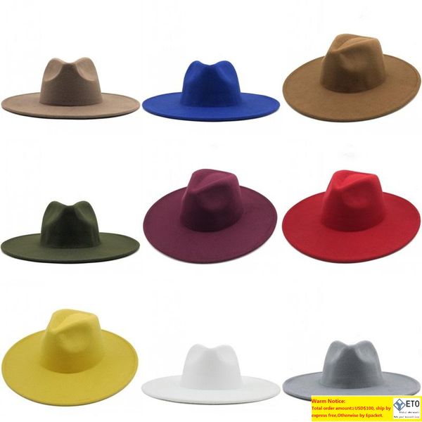 

new british style winter wool solid classic fedoras cap men women panama jazz hat 9.5cm wide brim big white fedoras, Blue;gray