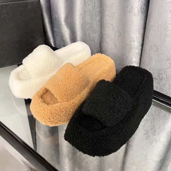 

new recycled lambskin slippers women's heighters thick soles designer warm leather lettering rubber non-slip hermiter outdoor shoes boo, Black