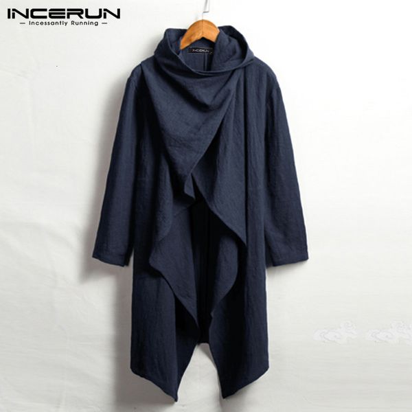 

men's trench coats incerun vintage men trench coats cotton ponchos scarf collar long sleeve cloak irregular jackets solid streetwear ou, Tan;black