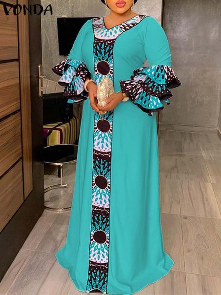 

casual dresses vonda bohemian party dress autumn women ruffled long sleeve v neck maxi sundress printed patchwork holiday robe 221121, Black;gray