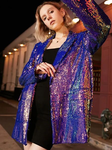 

bs146 women's suits & blazers loose fit notched sequins big size jacket new lapel long sleeve women coat fashion club night tide spring, White;black