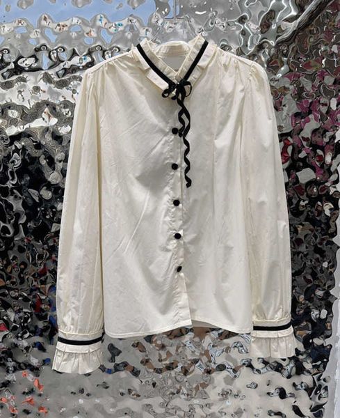

womens blouses shirts spring lapel color contrast bow tie ornament shirt back fold petal long sleeve button front blouse commuter style wom, White