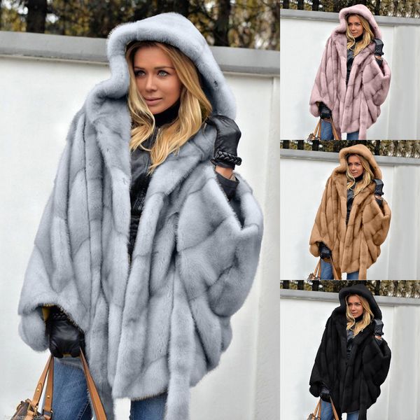 

women's fur faux elegant coat women hooded jacket winter fashion warm outwear casual solid long sleeve ladies parkas 221121, Black