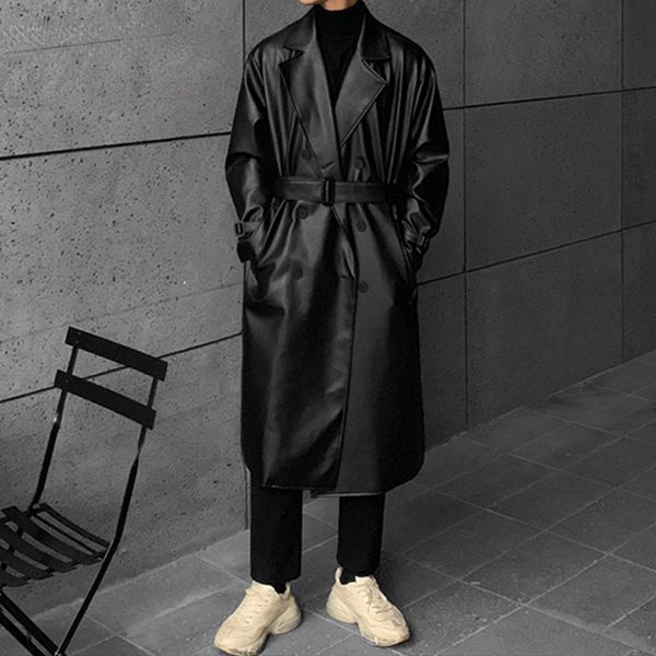 

men's leather faux spring autumn long black oversized trench coats men belt 221122