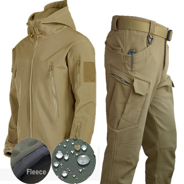 

men's jackets winter autumn tactical elastic men fleece waterproof suit fishing warm hiking camping tracksuits set hood coat thermal 22, Black;brown