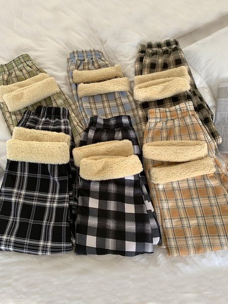 

womens pants capris autumn winter warm plush thick plaid women casual loose wide leg trousers streetwear straight cashmere 221122, Black;white