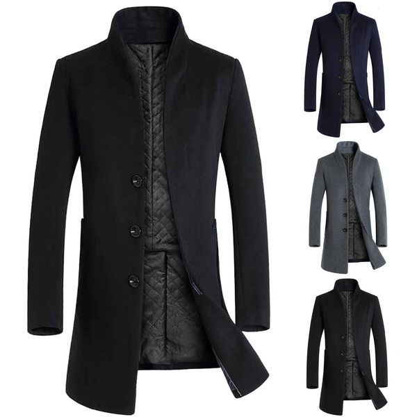 

men's wool blends male slim jacket men coats winter mid-length trench jackets casual solid single breasted long sleeve lapel collar ove, Black