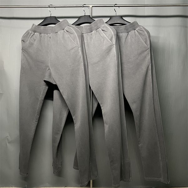 

men's pants washed and worn split slacks high street sports trousers women grey 100% cotton slit hem casual pants, Black
