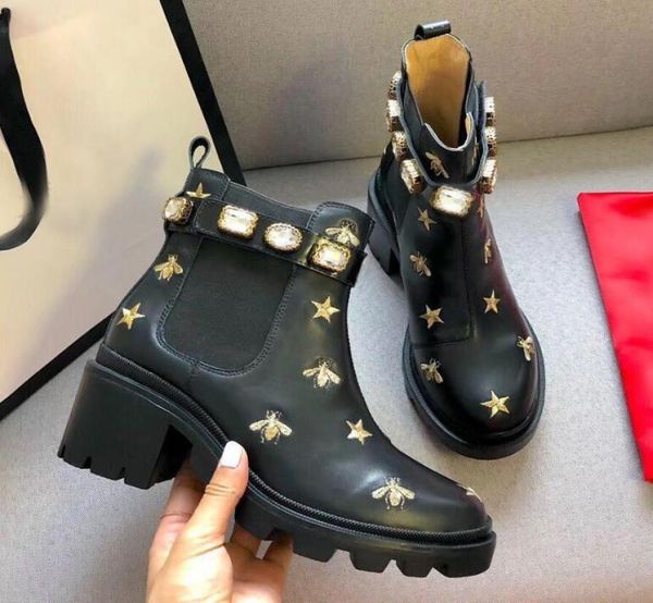 

with box designer ladies short boots 100 cowhide classic luxury bee women shoes leather high heeled boots fashion diamonds martin1923074, Black