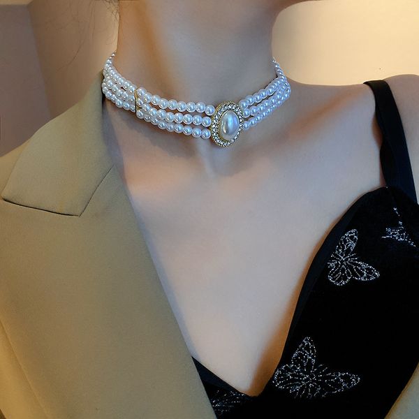 

chokers korean pearl three layer necklace for women fashion elegant planet romantic clavicle chain party jewelry 221121, Golden;silver