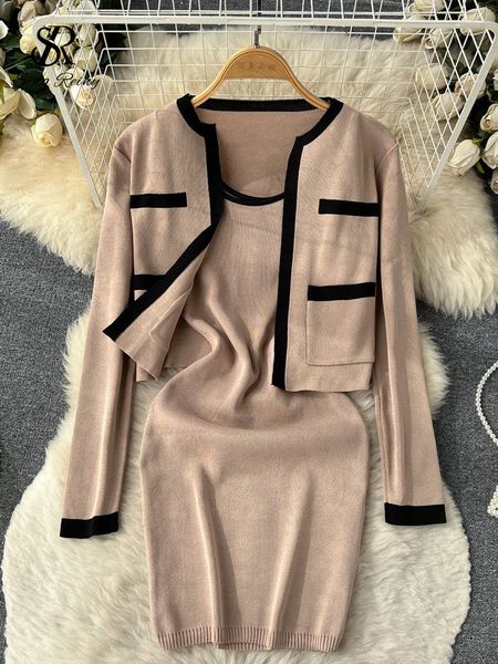 

two piece dress singreiny autumn ol knitted sets pocket long sleeve cardigan midi tank knit ladies sweater pieces suits 221122, White
