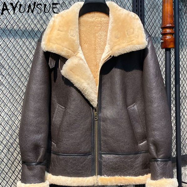 

men's leather faux ayunsue genuine jacket men nature sheepskin real wool fur coat male flight suit coats winter jackets de cuero genuin, Black