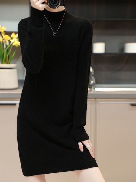 

casual dresses women turtleneck autumn 100 australian wool knitted jumpers long sleeve sweater ladies fashion knitwears 221121, Black;gray