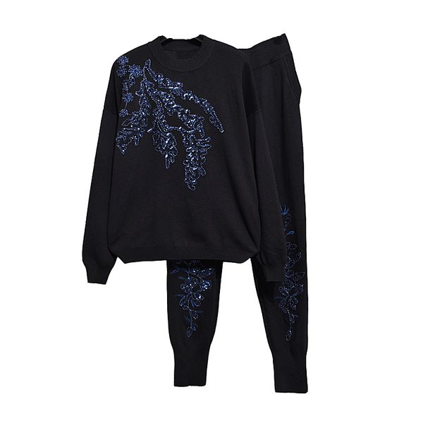 

women's two piece pants autumn winter women korean beading embroidery flowers knitted sweater fashion set female outfits h714 221121, White