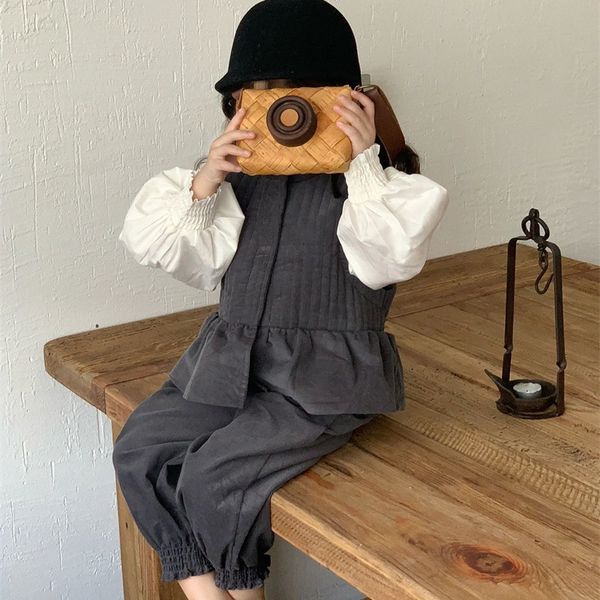 

clothing sets 3561c girl clothes sweet bubble sleeve shirt or vest suit autumn and winter girls corduroy jacketleg pants 221121, White