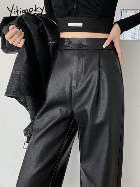

women's pants capris yitimoky high waist causal leather for women 2 button zipper up pu black fall straight streetwear trousers 221122, Black;white