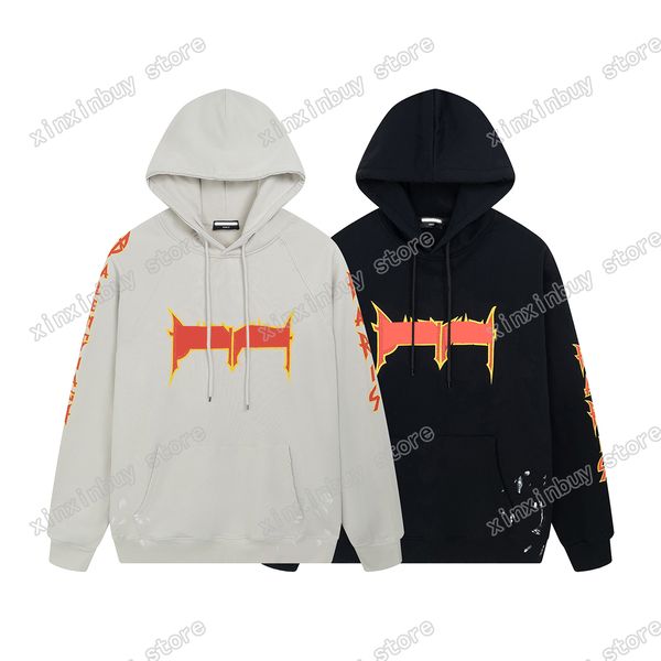 

xinxinbuy men designer hoodie sweatshirt destroyed letters print hand-paint pocket paris women black brown white oversize xs-2xl