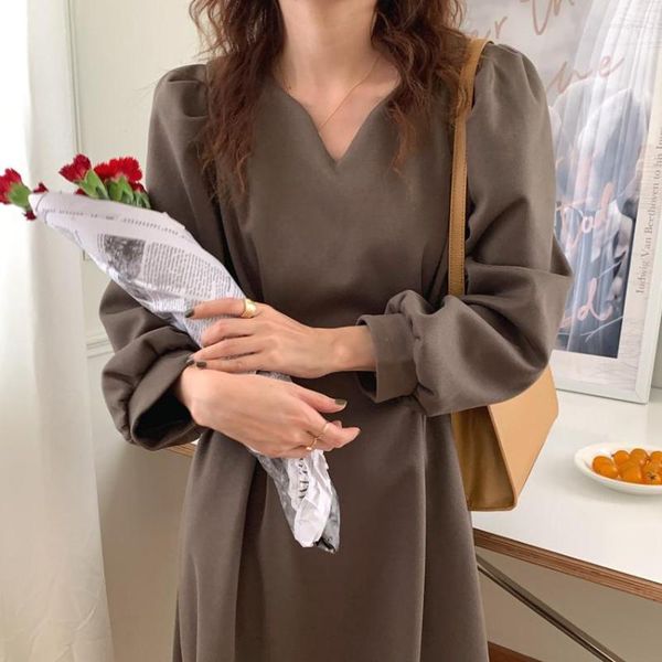 

casual dresses women dress 2022 spring autumn elegant vintage lace-up v-neck chic solid puff sleeve party long vestidos, Black;gray