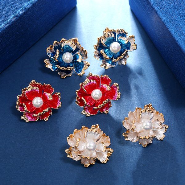 

vintage enamel flower natural pearl ear studs earrings jewelry chinese peony eardrop s925 silver needle earwear women accessories, Golden;silver
