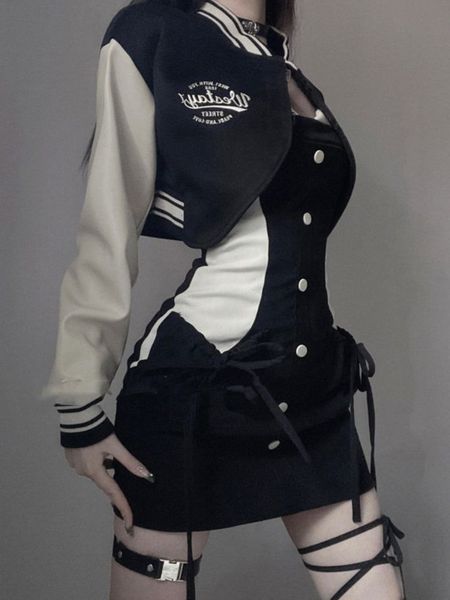 

two piece dress es sets short baseball coats patchwork bandage mini tube fresh fashion autumn y2k cool 221122, White