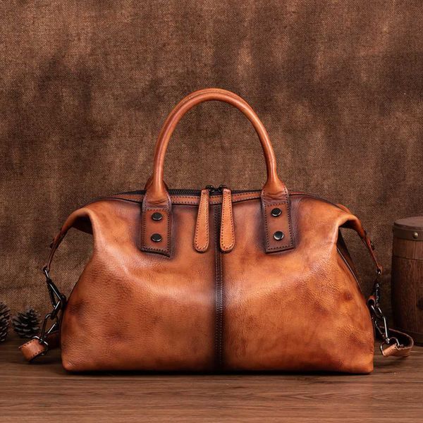 

designer bag retro style bags cowhide women tote hand made brush real natural leather boston bag large capacity ladies handbags brown 2022 n