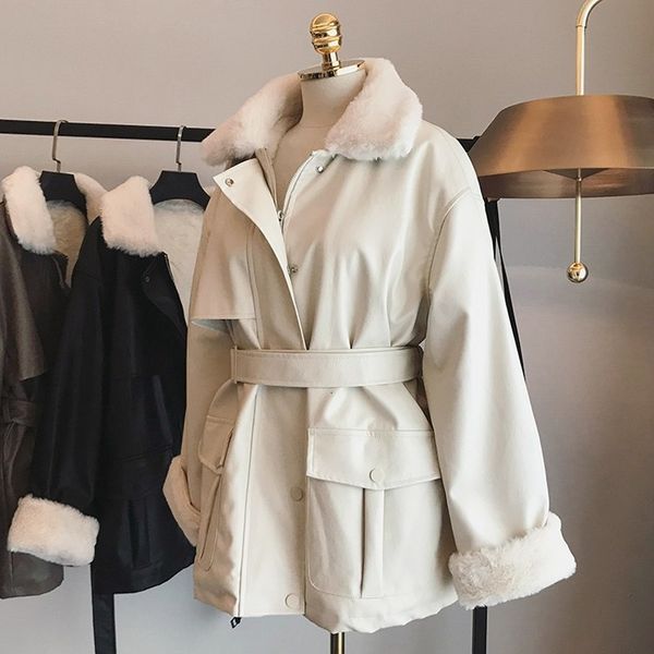 

womens leather faux winter oversized jacket women with rex rabbit fur inside warm soft thickened lined coat black jackets 221122