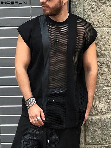 

men' tank incerun fashion men tank mesh patchwork transparent oneck sleeveless casual vests streetwear men clothing 5xl 7 221122, White;black