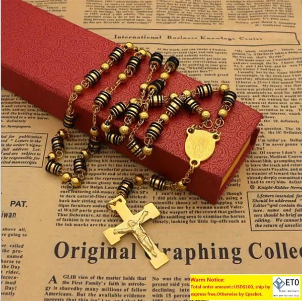 

mens rosary pendant necklace charms black with white steel bead chain beckham for men women fashion jewelry, Silver