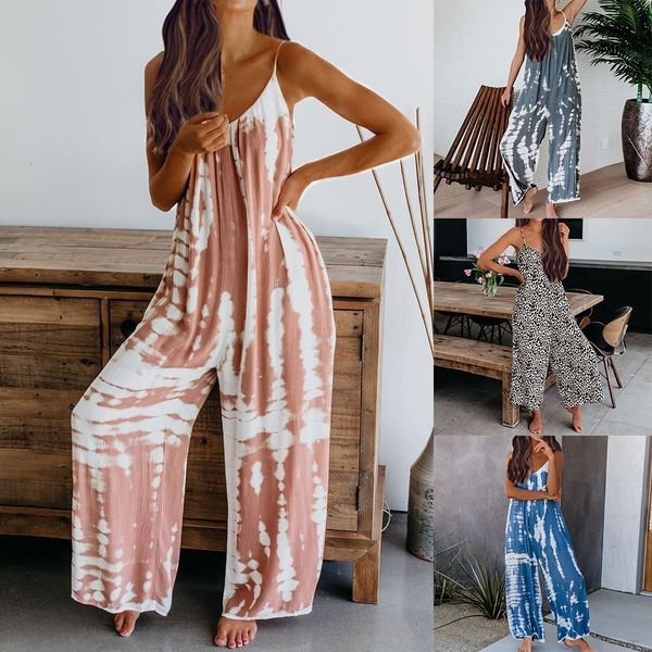 

women's jumpsuits rompers women sleeveless tie-dye beach boho casual jumpsuit summer homewear vacation high street romper overalls drop, Black;white