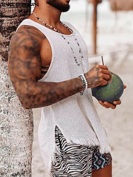 

men' tank men tank solid color tassel round neck sleeveless vests summer vacation streetwear casual men clothing s5xl incerun 221122, White;black