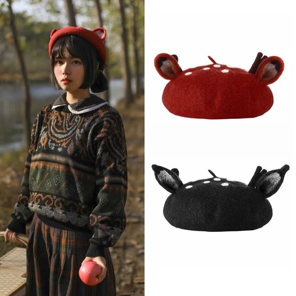 

beret christmas beret cap cute 3d reindeer antler ears faux felt painter hat klv fashion 221122, Blue;gray