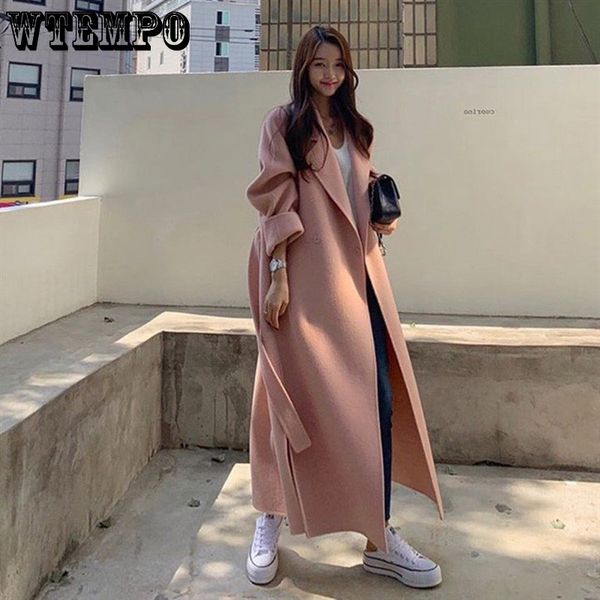 

women's wool blends pink cashmere coats women medium long belt woolen coat loose and elegant fashion outwear autumn winter 221122, Black