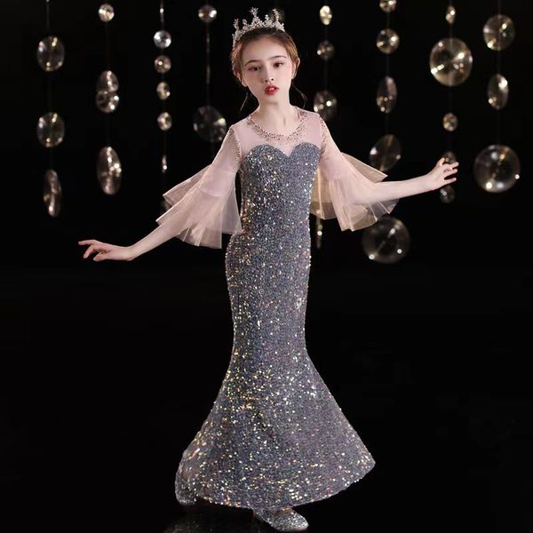 

sequined flower girls dresses appliques see through sleeves ruffles tulle pageant dress for girls long mermaid wedding clothes, White;blue