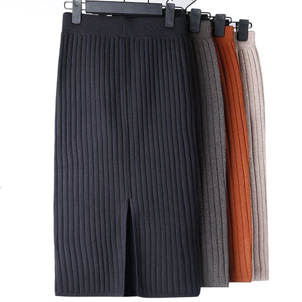 

skirts high waist women knitted spring autumn fashion rib elegant midi female casual pencil elastic band 221122, Black