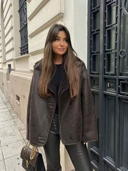 

womens jackets winter casual women double sided jacket wind coat long sleeves patchwork lambswool thickening zip 3548242 221122, Black;brown