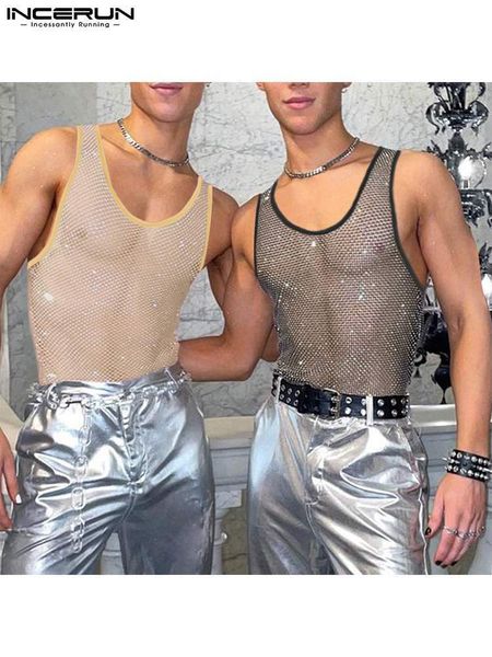 

men' tank men tank mesh patchwork oneck sleeveless transparent streetwear vests fashion party men clothing s5xl incerun 221122, White;black
