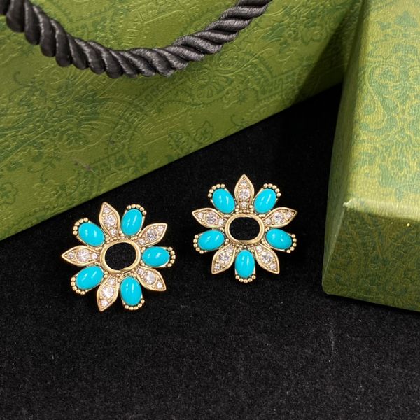

delicate floral diamond charm earrings women rhinestone flower ear hoops ladies letter stamps large eardrops with box, Golden