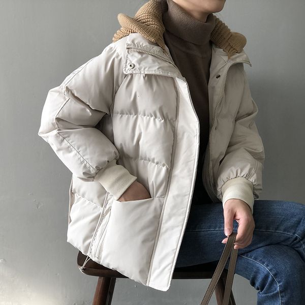 

women's down parkas women's winter autumn down jacket knitted hooded collar short singlebreasted coat preppy style parka ladies ch, Black