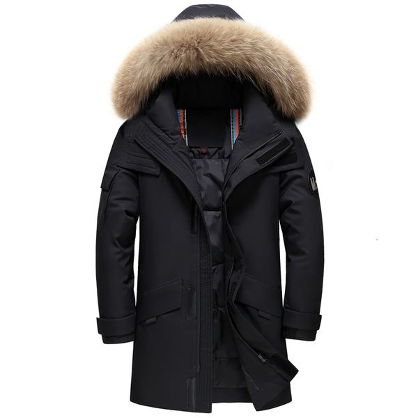 

men's down parkas real fur collar jacket hooded warm winter coat men 90% white duck long parka hight quality man overcoat 221122, Black