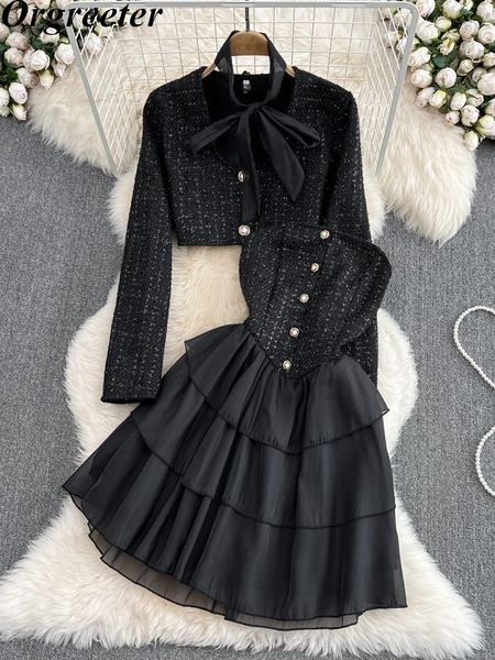 

two piece dress vintage black tweed set women oufits sweet tube slim puffy cropped coat 2 sets 221122, White