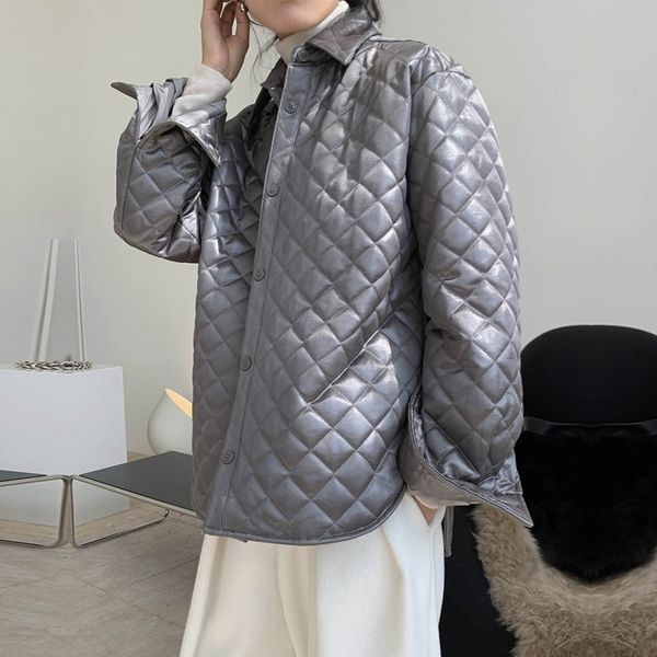 

women's down parkas women winter fashionable shiny silhouette rhomboid warm coat ladies lapel oversized singel breasted all match jacke, Black