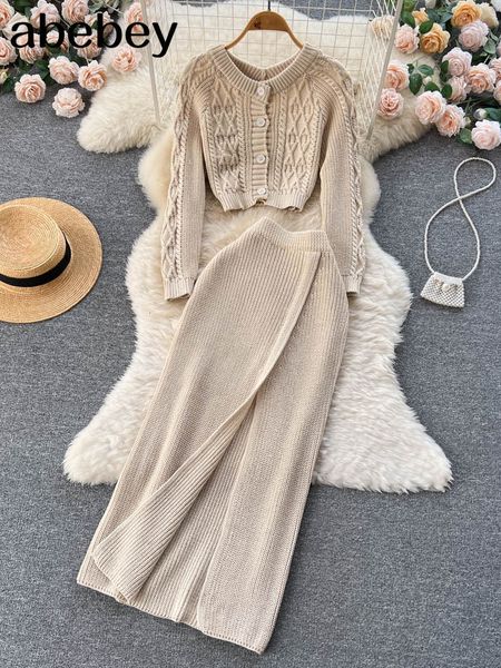 

two piece dress set women long sleeve crop cardigan pencil skirt 2 pc sets sweater knitted winter sui 221122, White