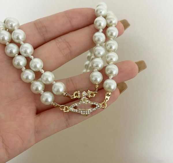 

europe and america double pearl necklace with diamond hip hop collarbone sweater chain, Silver
