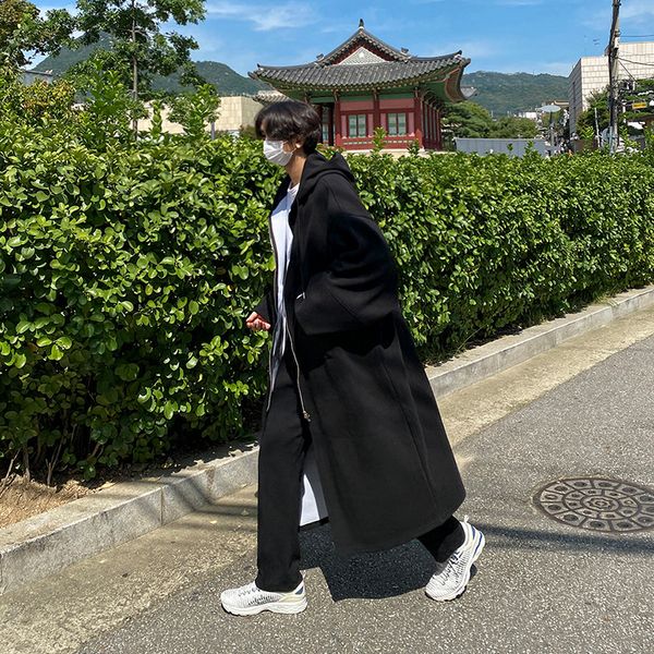 

men's wool blends 2023 men's winter long hooded trench coat men men's casual hooded jacket zipper slim fit woolen windbreaker, Black